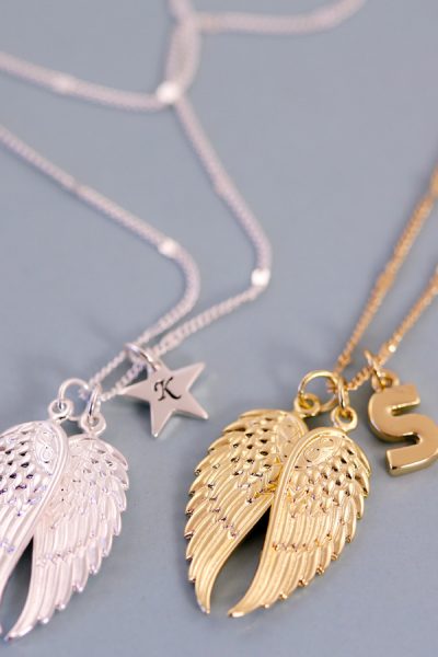 Stylish, personalised charm necklace with double angel wing pendants. 